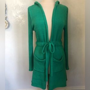 Pure Handknit 100% Cotton Green Cardigan tie waist & hoodie w/Pockets Size M/L